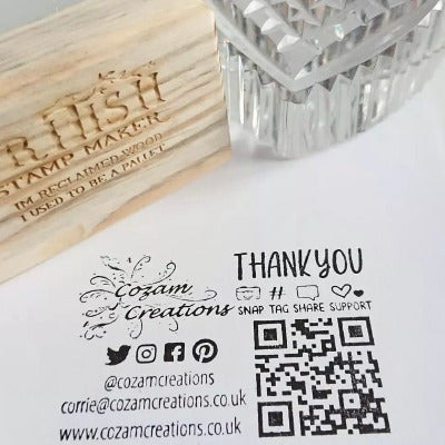 Unique Business card stamp including Cozam Creations logo, Thank you text, snap,tag,share,support with icons. QR code. Twitter, Instagram,Facebook and pintrest logos. the text @cozamcreations, customer email and website address.