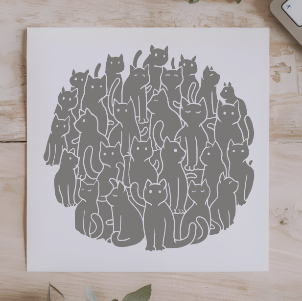 Fun group of cats Vegan Eco Rubber stamp on a white greeting card. Perfect gift for a cat lover.